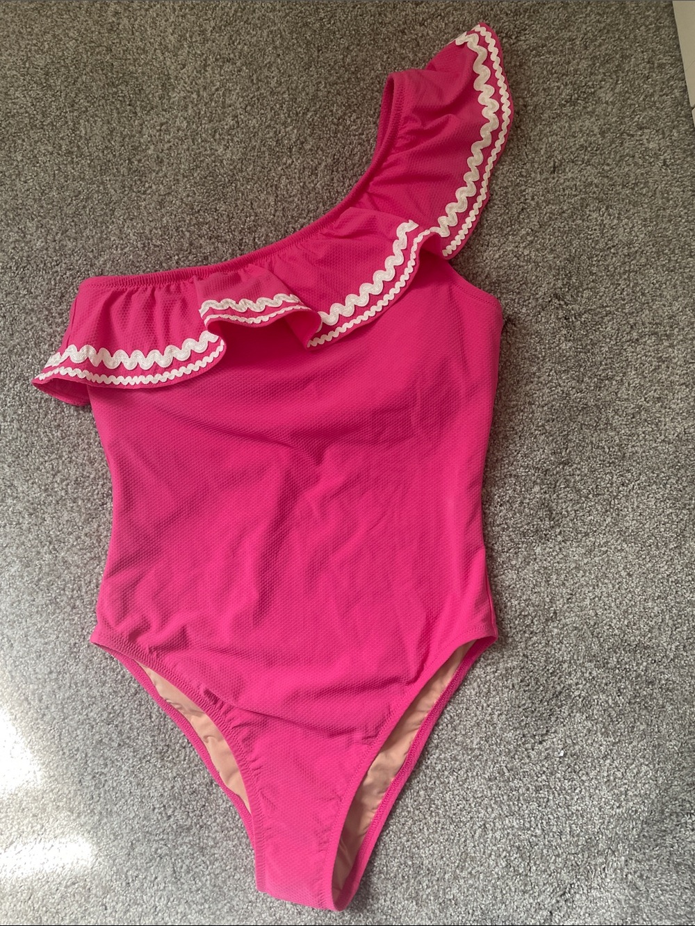 NWT J. Crew 1 shoulder ruffle one piece bathing suit w/ rickrack Sz 4 Fuschia